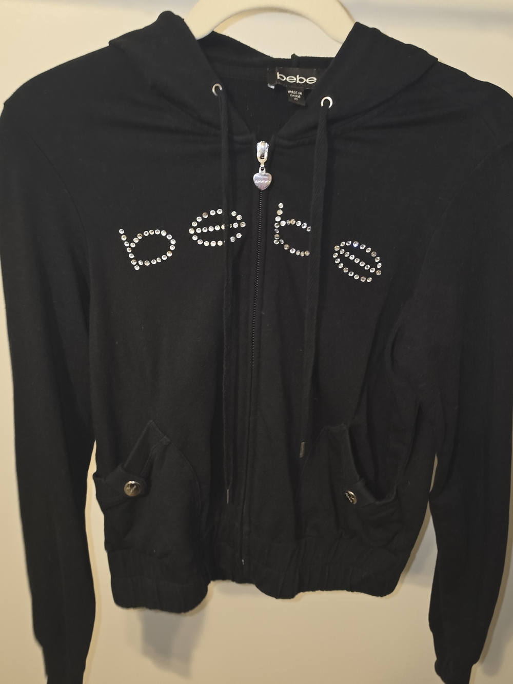 bebe Black Rhinestone Logo Zip Hoodie